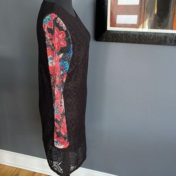 Desigual Pichi lined black lace body, mesh floral print long sleeve fitted midi - Picture 7 of 9